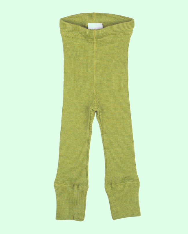 Barnleggings i ribbstickad merinoull från ManyMonths, färg Pea Purée