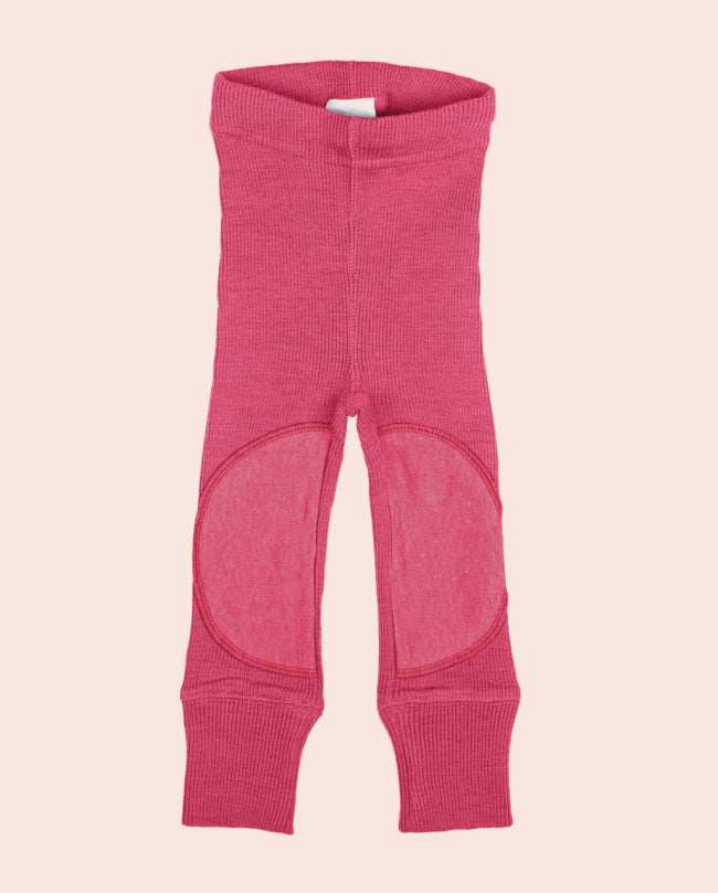 Barnleggings med knälappar i ribbstickad merinoull från ManyMonths, färg Pop Pink
