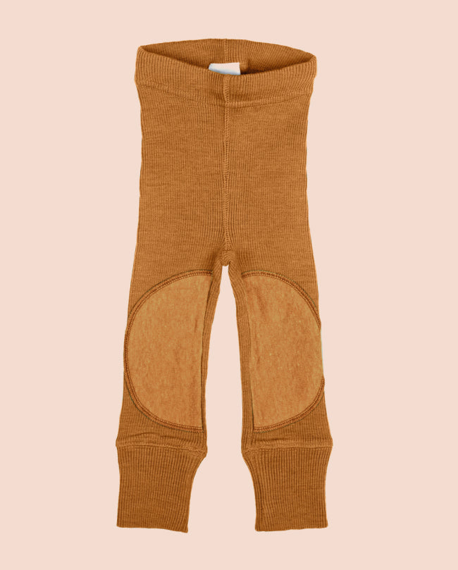 Barnleggings med knälappar i ribbstickad merinoull från ManyMonths, färg Tangerine Marmalade