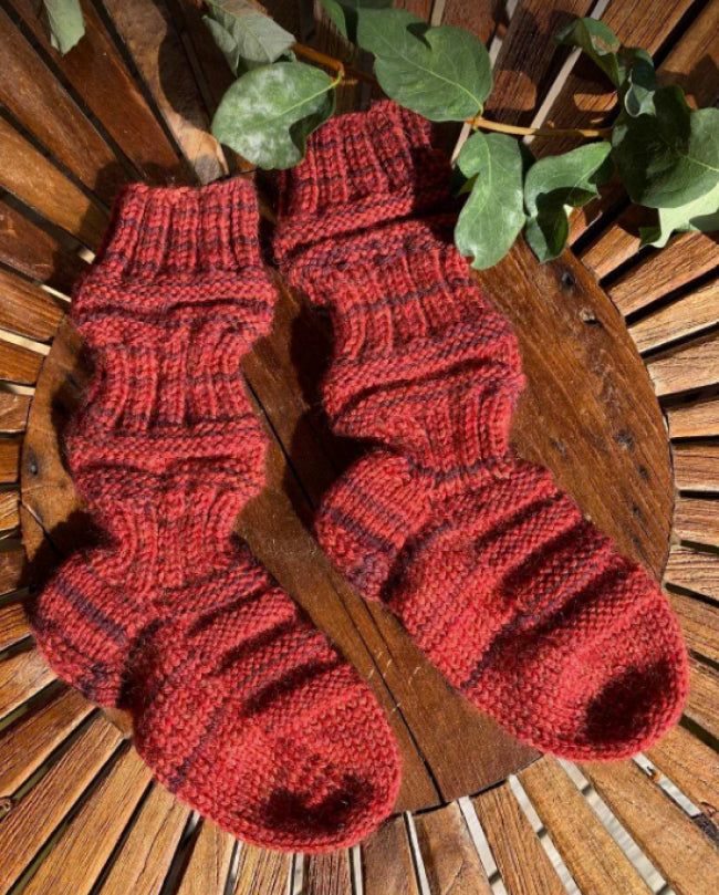 Tågsockor av restgarn, 12cm i foten