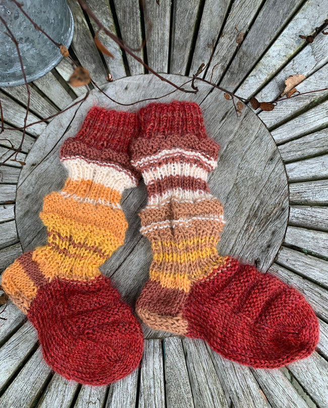Tågsockor av restgarn, 11cm i foten